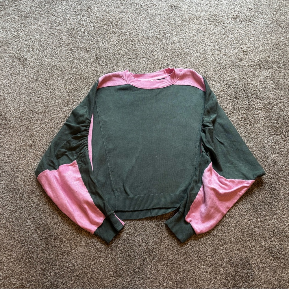 Maeve Colorblock Pullover Sweater - Pink & Olive Green, Size L